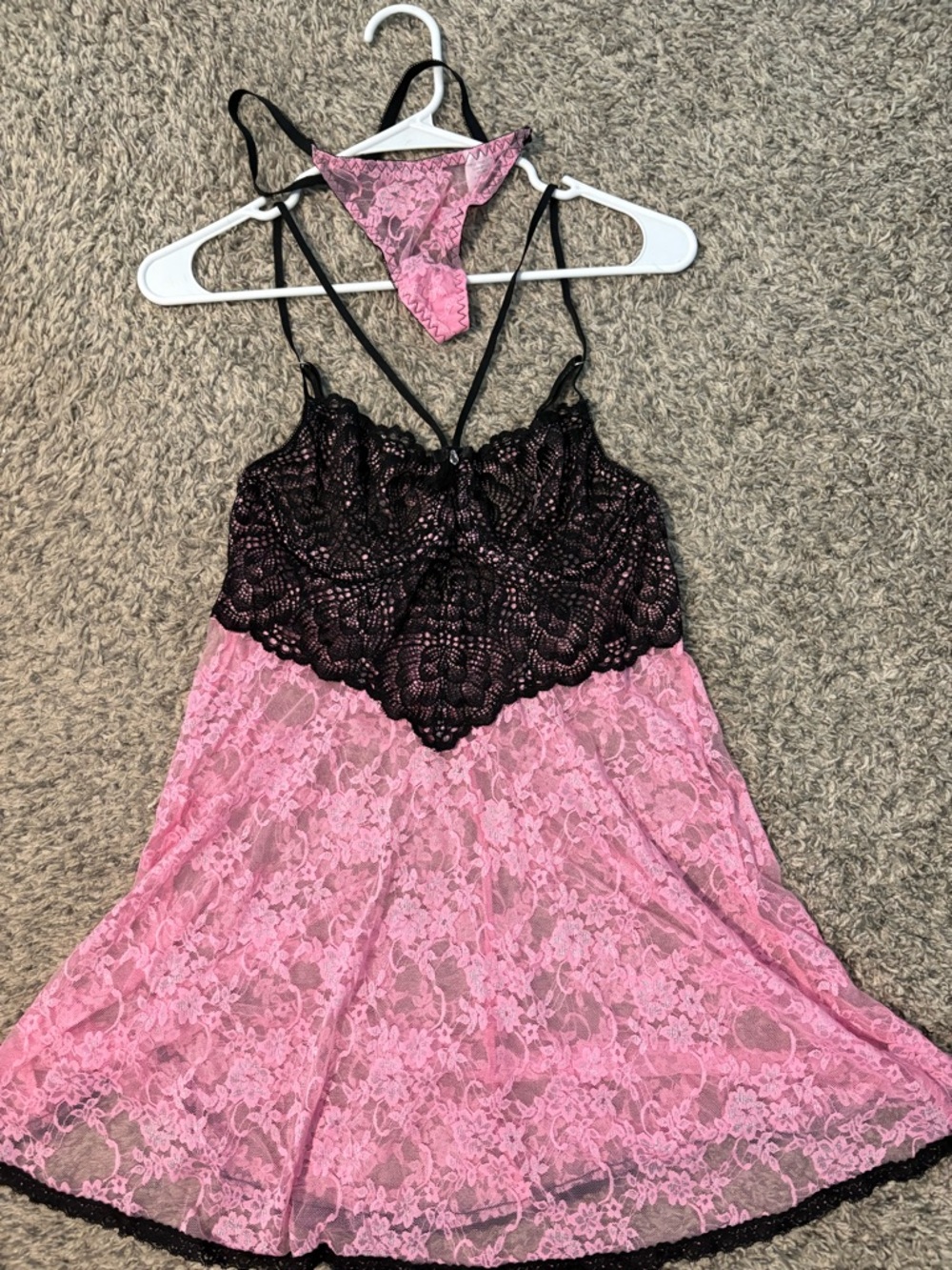 Delicate Pink Lace Chemise with Black Lace Bodice and Matching Thong